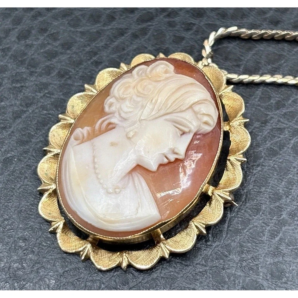 Vintage 14K Esemco Carved Shell Cameo Pendant And Krementz Gold Overlay Necklace